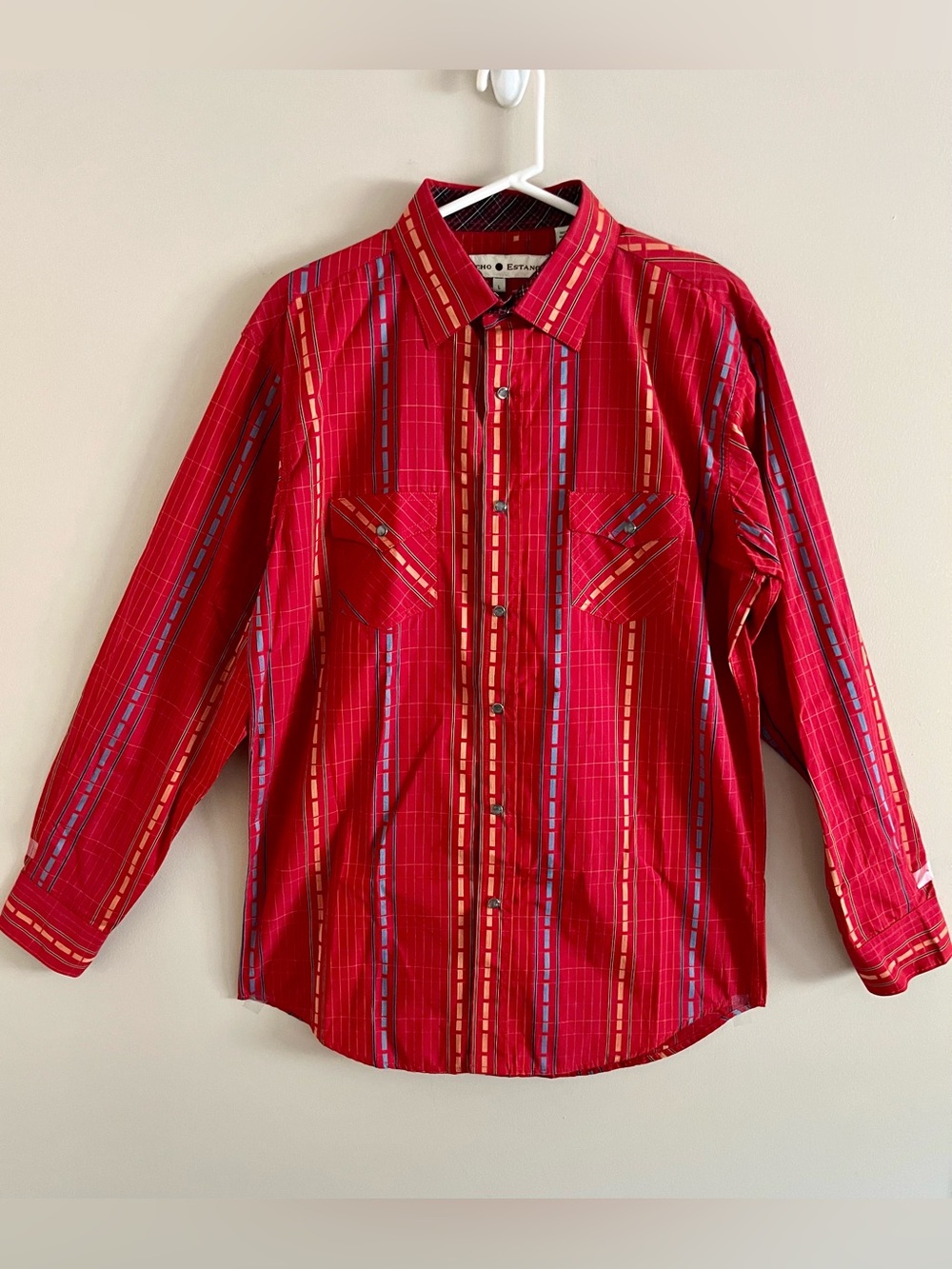 Men's Red Plaid Pearl Snap Button Down Long Sleeve Shirt - Size L